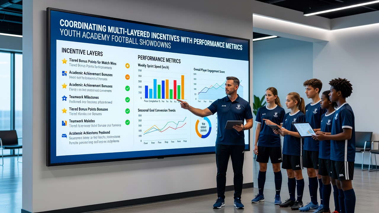 Coaches reviewing performance data on tablets during a youth football academy event
