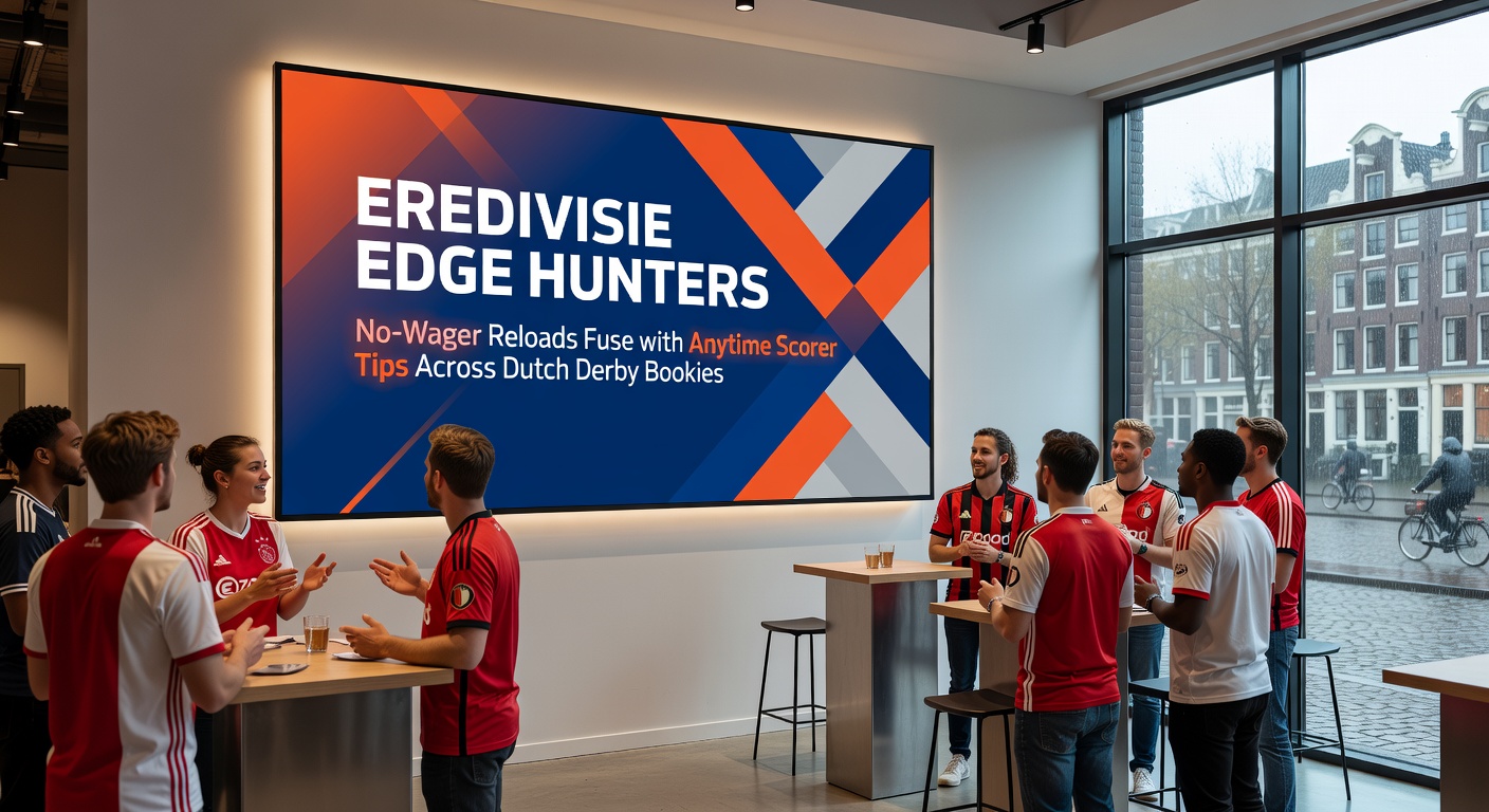 Dutch bookmakers' promo banners for Eredivisie derbies featuring no-wager reload icons and anytime scorer odds