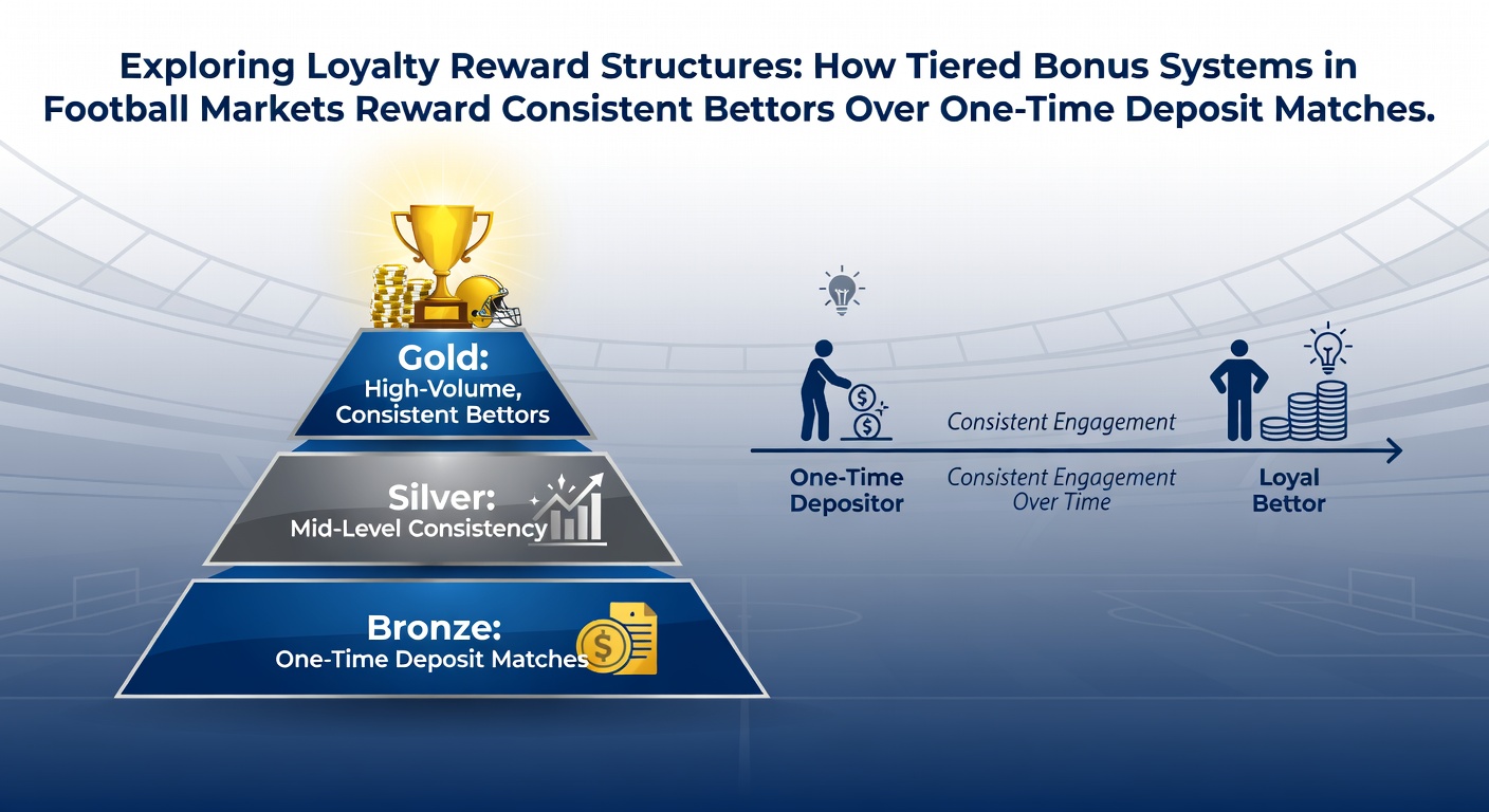 Football betting loyalty tiers and bonus structures illustration showing progression from bronze to platinum levels with football match elements