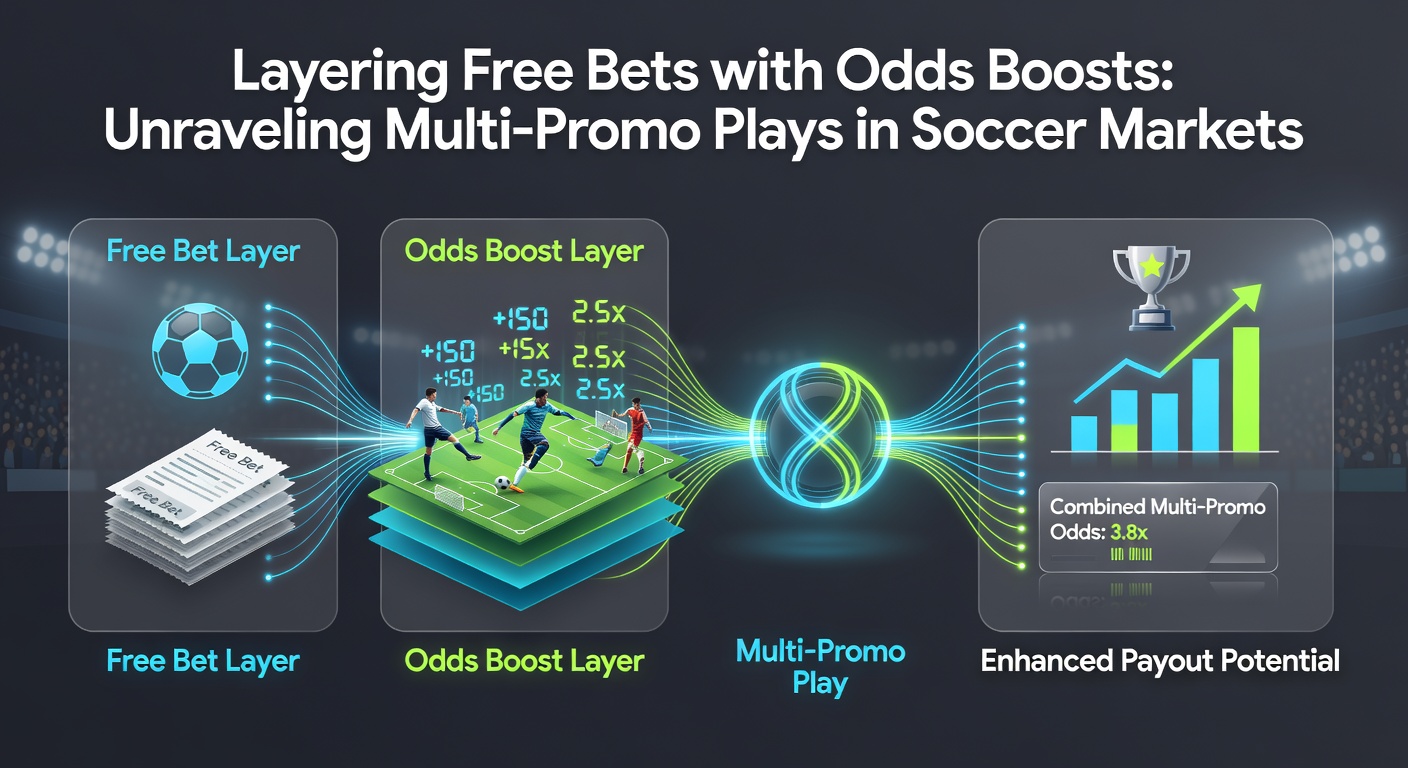 Digital betting interface showing layered promotions on a live soccer match, with free bet and odds boost icons highlighted