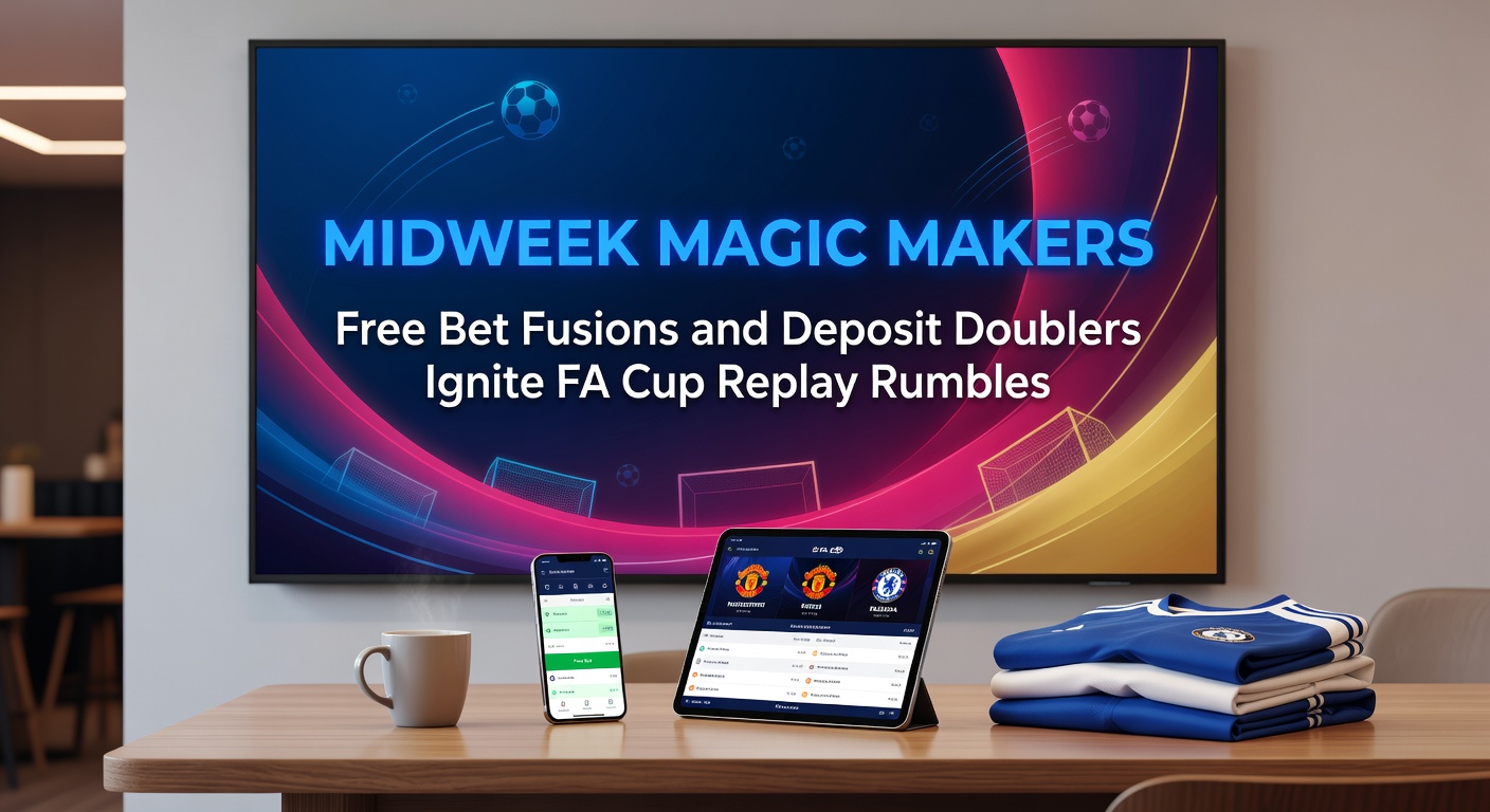 Close-up of a bet slip on a smartphone screen showing stacked free bet fusions and deposit doubler promotions for an FA Cup replay, with odds fluctuating live during extra time